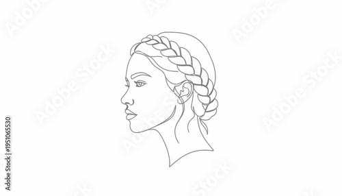 Elegant Woman Profile Line Art: Braided Hairstyle, Minimalist Beauty Portrait