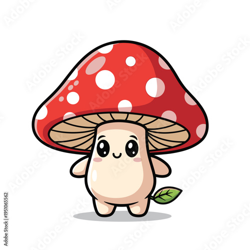 Cute cartoon mushroom character with a red spotted cap holding a small green leaf on a white background