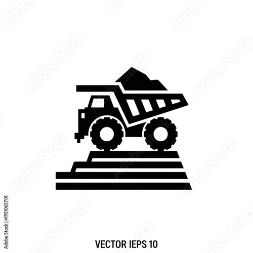 Black and White Icon of a Dump Truck on a Mining Site.