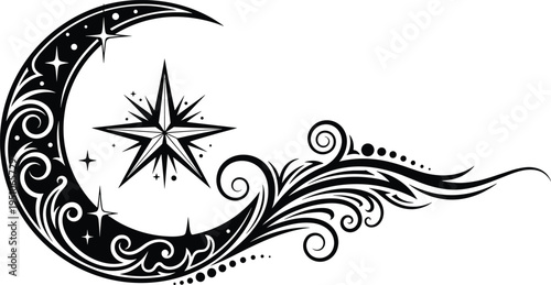 Ornamental crescent moon with star and floral swirl design, celestial night symbol decorative black vector illustration isolated background