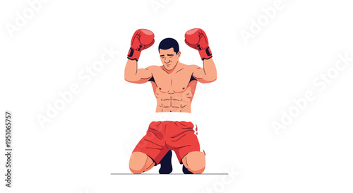 Illustration of a muscular man in red boxing gloves and shorts kneeling in a victorious pose on a white background.