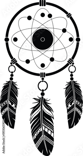 Atomic dreamcatcher with feathers silhouette, science and spiritual symbol fusion, boho tribal dream catcher vector illustration isolated