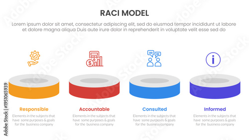 RACI model infographic 4 point stage template with product showcase horizontal 3d stage for slide presentation