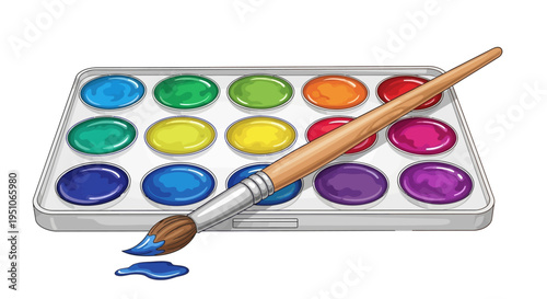 Watercolor paint palette with brush.