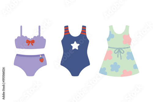 Cute Kids Swimwear Set for Girls, Colorful One Piece and Two Piece Swimsuit Illustration