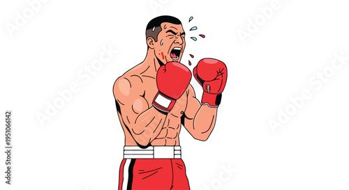 Illustration of a muscular boxer in red boxing gloves and shorts with sweat drops on his face in a fighting stance.