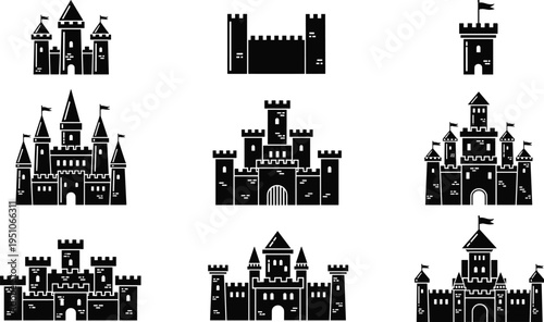 Medieval castle silhouette icon set with fortress towers kingdom architecture and fantasy stronghold buildings collection isolated background