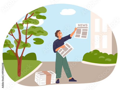 Young man sells paper newspapers with breaking news. Street seller. Newsboy shouting announce of selling journals. Daily periodical sale at city road. Publication retail. Vector concept