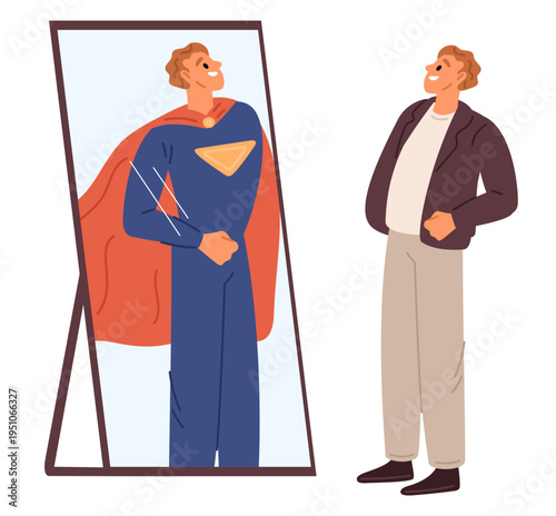 Young man sees his reflection in mirror as superhero. Ambitious and confident. Heroic costume. Guy dreaming about hero power. Narcissistic self-esteem and appearance. Vector concept
