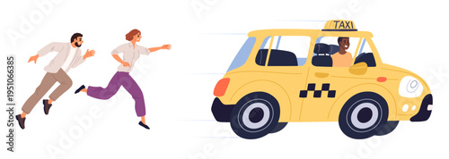 Young man and woman are running after yellow taxi. Couple try to catch cab. People chase automobile. Hurrying passengers run. City transportation. Driver in vehicle cabin. Vector concept