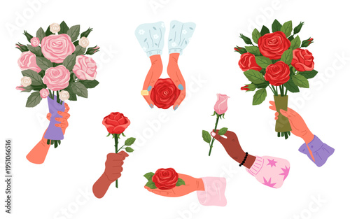 Womens hands holding bouquets and buds of red and pink roses. Isolated female arms with beautiful blooming blossoms. Flower on palm. Giving gesture. Bunch of peonies. Vector floral set