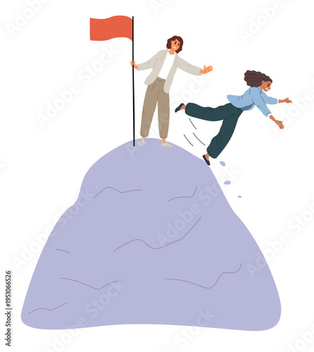 Woman pushes another female off mountain top. Competition in life and business. Dishonest behavior. Unfair rivalry. Winners team conflict. Businesswoman career victory. Vector concept