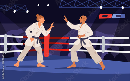 Two karate fighters battle it out in ring. Martial arts competition. Strong athletes in kimono. Sport tournament. Opponents sparring. Judo championship. Taekwondo battle. Vector concept