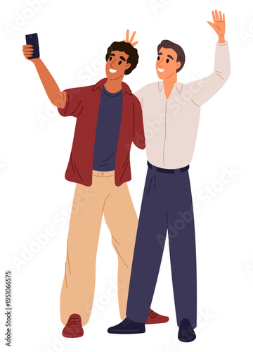 Two cheerful young male friends take amusing selfies on phone. Mobile snapshots. People standing and making photo on smartphones front camera. Men shooting photograph. Vector concept