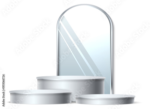 Realistic silver podium with arched mirror in background. Metal cylinder platform. 3D stage showcase. Exhibition stand. Vector mockup pedestal for product presentation or advertising