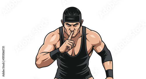 Cartoon illustration of a muscular man in a black tank top and wristbands gesturing to be quiet against a white background.