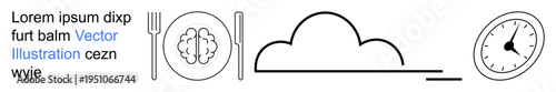Time management, brainstorming ideas, productivity, mindfulness, cloud storage, planning tools. Minimalist design a clock, a brain on a plate a cloud and utensils. Productivity brainstorming