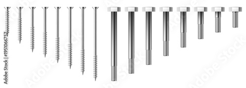 Realistic screws and bolts of various sizes. Silver rivets side view. Hardware assortment. Self-tapping fastening. Carpentry tool. Vector set of steel fasteners on white background