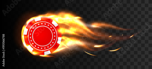 Realistic red casino chip on fire. Gambling coin in flame. Vegas winning isolated token in transparent background. Blazing bet circle flight. Vector design element for gamble advertising