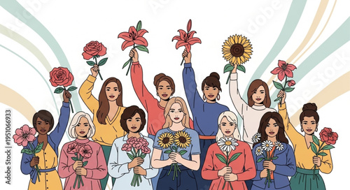 Diverse group of women holding flowers celebrating together.