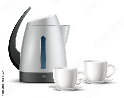 Realistic electric kettle and two white porcelain tea cups insulated on white background. Metal teapot. Household appliance. Kitchen equipment. Ceramic mugs. Vector isolated 3D objects