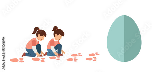Two little girls following bunny footprints to giant Easter egg in flat vector style symbolizing spring holiday treasure hunt fun