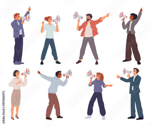Men and women with megaphones in hands point fingers in different directions. Propaganda and agitation. Demonstration activist. Characters with loudspeakers. Vector public speakers set