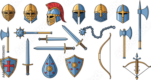Medieval knight weapons and armor set with helmets swords shields axes bow mace chain fantasy battle vector illustration collection