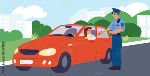Male police officer stopped car with woman who had committed traffic violation. Driver breaking law. Automobile at road. Female driving vehicle. Transport regulation. Vector concept
