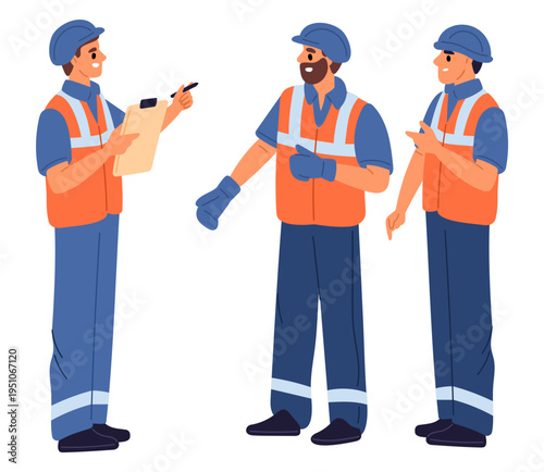 Male engineer or foreman gives instructions to construction workers. People communication. Builders discussion. Architecture engineering project. Contractors briefing. Vector concept