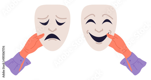 Hands holding cheerful and sad theatrical mask. Theatric comedy and tragedy. Emotional expression faces. Masquerade grimace. Happy and upset emotions. Vector concept of mood changeability