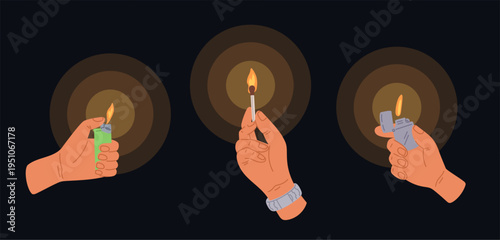 Hands holding burning metal and plastic lighter and match on dark background. Fire glow. Flame shine in arms. Darkness lighting. Flammable equipment. Gasoline candlelight vector set