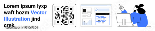 Digital communication, QR codes, data analytics, user interaction, web development, technology concepts. QR code, webpage interface person pointing at screen. Digital communication QR codes concept