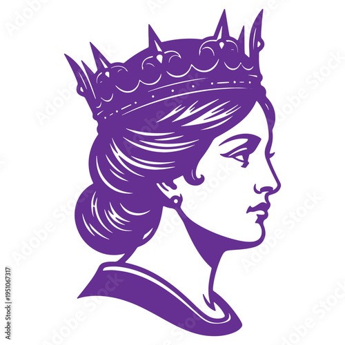 Elegant profile illustration of a regal queen wearing an ornate crown with sharp points and intricate details symbolizing royalty and power isolated on a white background