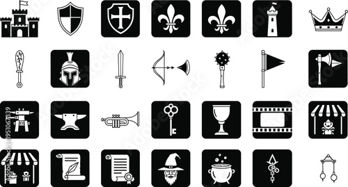 Medieval fantasy black icon set with castle shield sword crown knight key goblet wizard and kingdom symbols collection