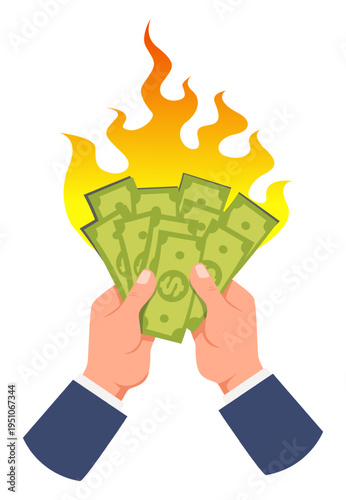 Businessmans hands hold burning green money. Financial inflation. Recession or economy crisis. Banknotes in fire flame. Wealth loss. Currency devaluation. Cash ignition. Vector concept