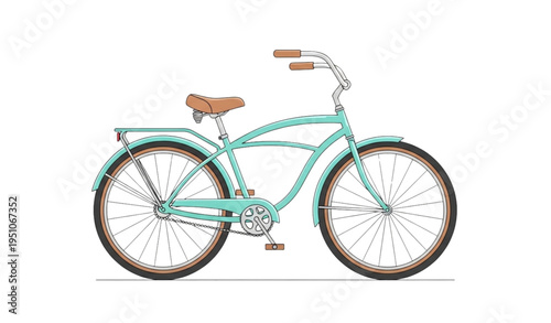 A vector graphic illustration of a teal colored bicycle with brown accents