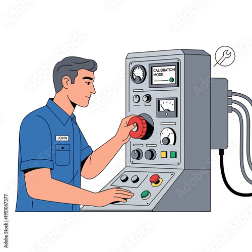 Technician calibrating industrial machinery control panel with gauges and buttons