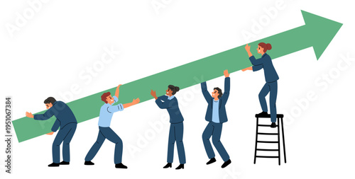 Business colleagues. Men and women raise green arrow of growing graph. Efficient teamwork. Businessmen joint efforts to achieve results. Team work productivity growth. Vector concept