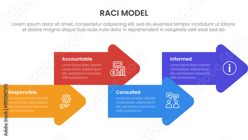 RACI model infographic 4 point stage template with arrow shape combination right direction up and down for slide presentation