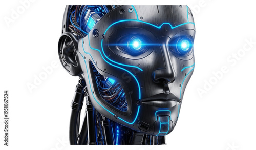 A futuristic robot head with glowing blue eyes and metallic design