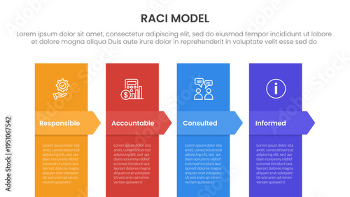 RACI model infographic 4 point stage template with vertical box and arrow badge header for slide presentation