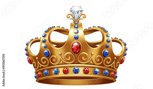 A gold crown with red and blue jewels on a white background
