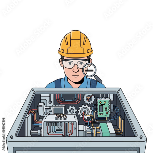 Technician Inspecting Open Electrical Panel with Magnifying Glass, Gears, Wires, Circuit Board