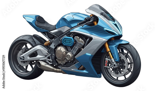 A sleek blue motorcycle with a modern design on a white background