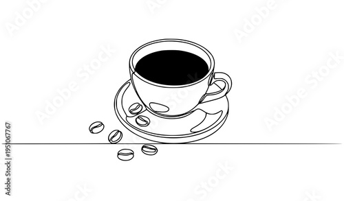 A simple line art illustration of a cup of coffee on a saucer
