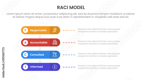 RACI model infographic 4 point stage template with round rectangle horizontal for slide presentation