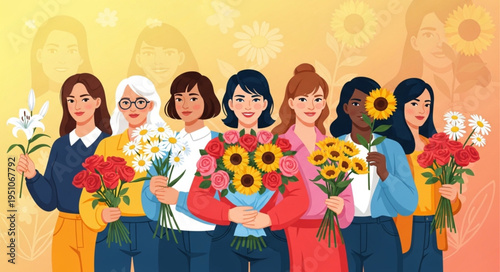 Diverse group of women holding beautiful flower bouquets celebrating together.