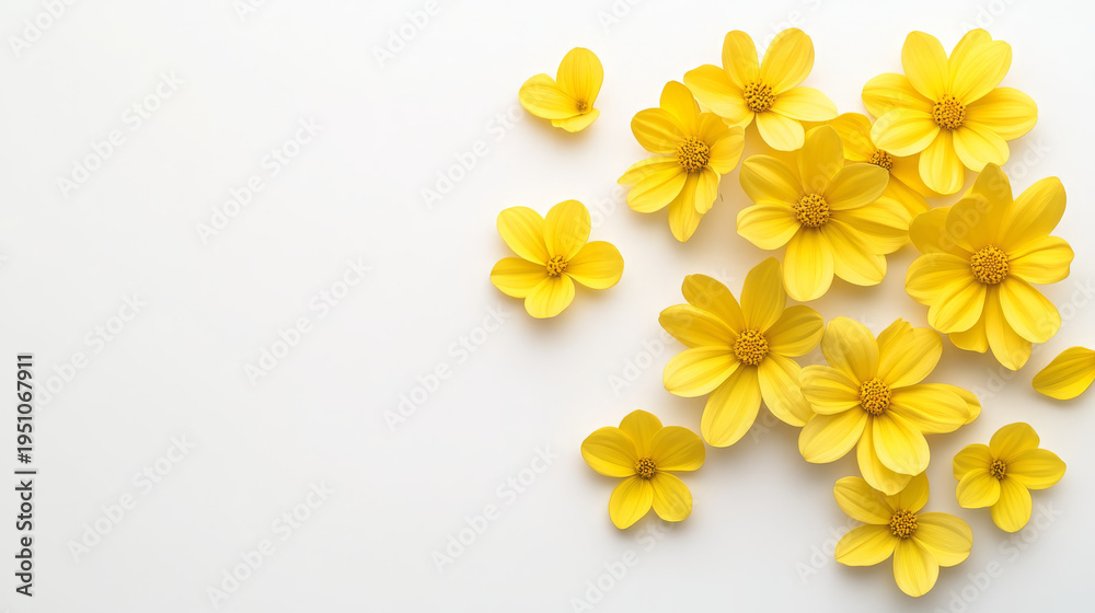 Fototapeta premium Bright yellow daisy flowers arranged on white background, cheerful and fresh floral composition