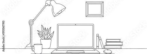 Clean minimalist line art illustration of a modern workspace featuring a laptop, desk lamp, and essential office items for productivity and study at home.